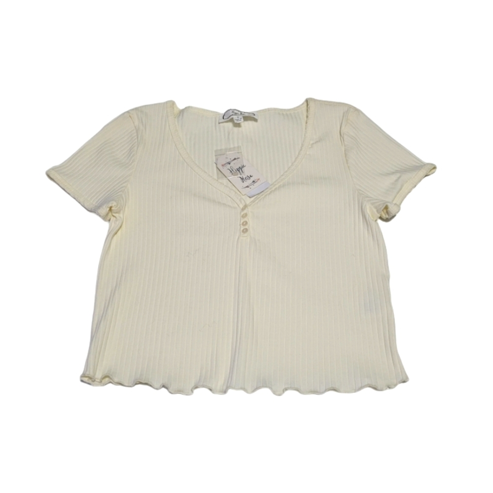 Hippie Rose Women's Size L  Ribbed Knit  Henley V-Neck Short Sleeve Cropped Top